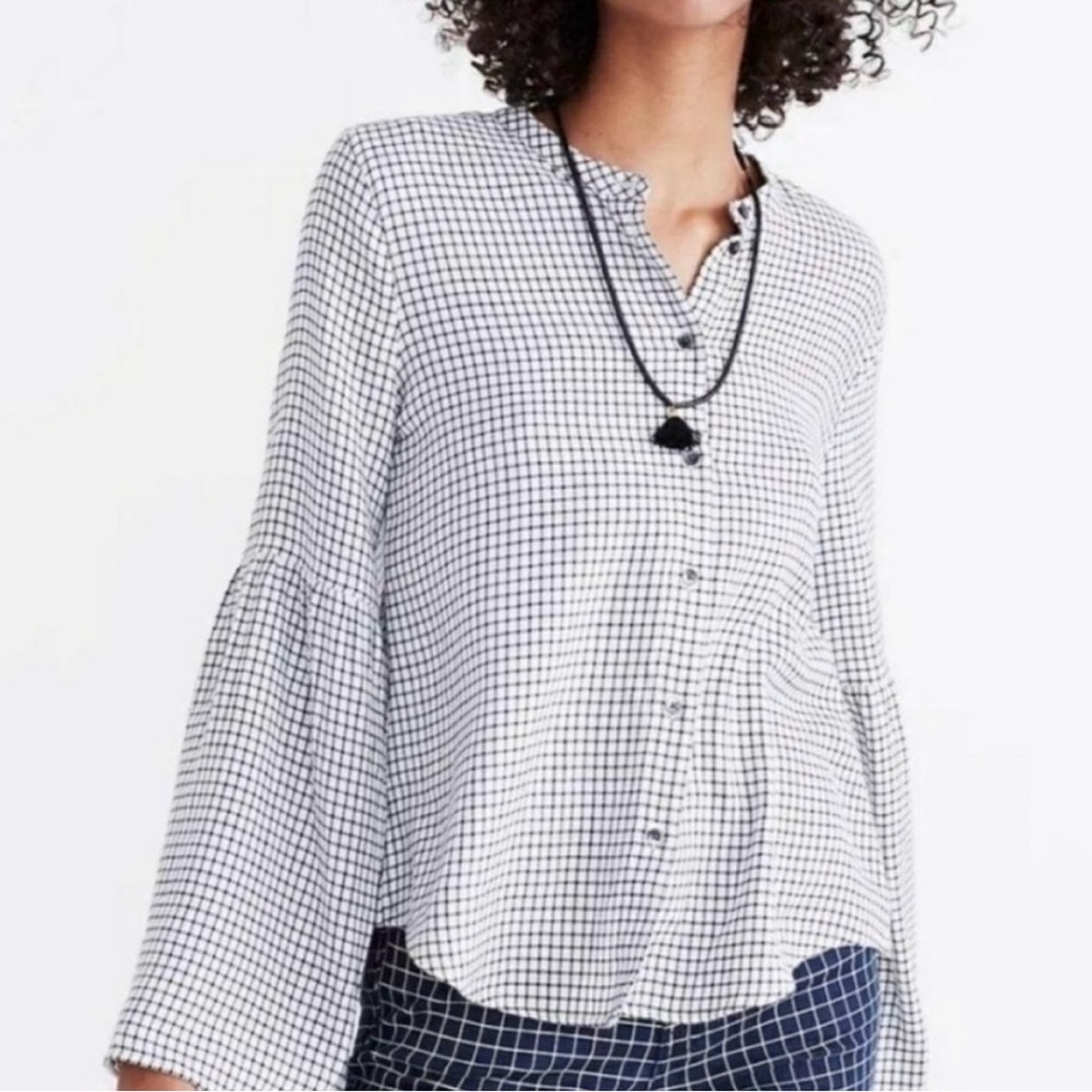 Madewell Windowpane Flannel Shirt white black check bell long sleeve blouse